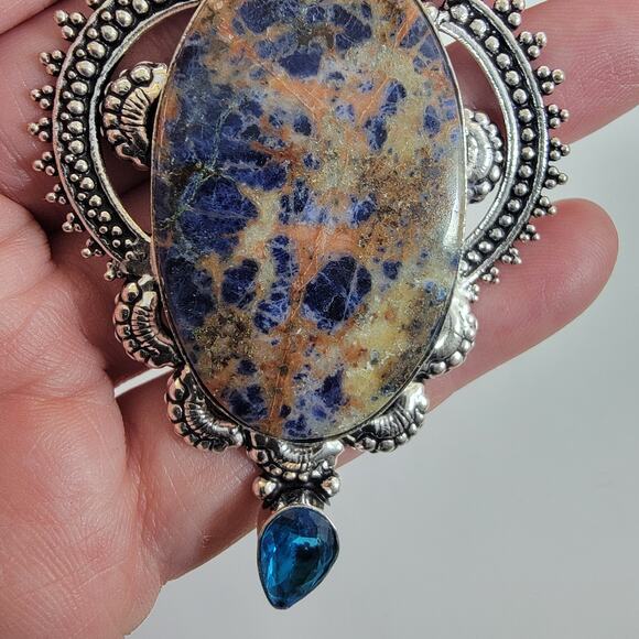 Sodalite Pendant Necklace – With Blue Topaz Accents + 20" Sterling Silver Chain - Picture 8 of 10